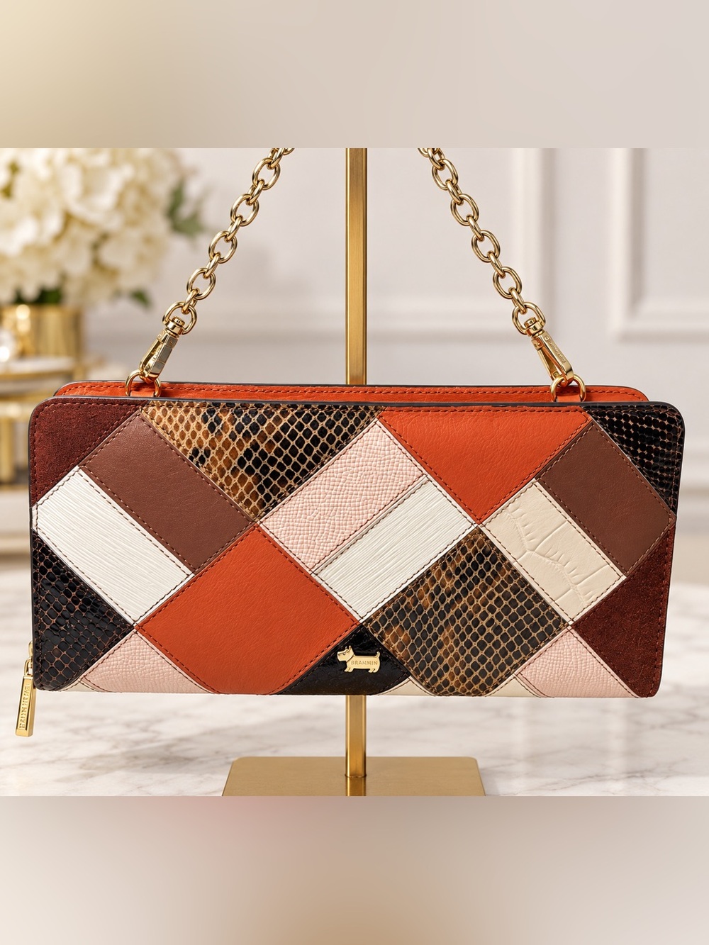 RADLEY LONDON Orange, Brown & Cream Patchwork Chain wallet on chain
